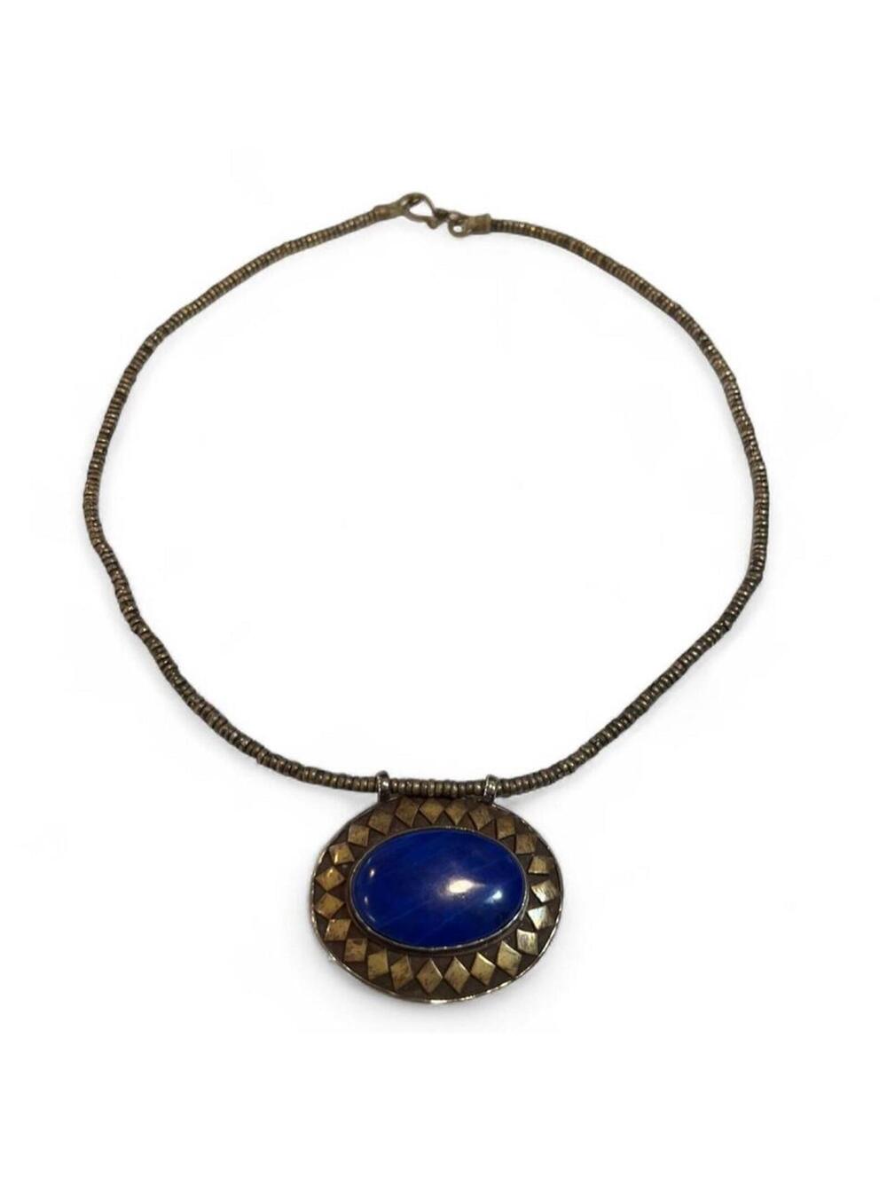 Vintage Y2K Blue Stone Statement Necklace Silver Beaded Chain